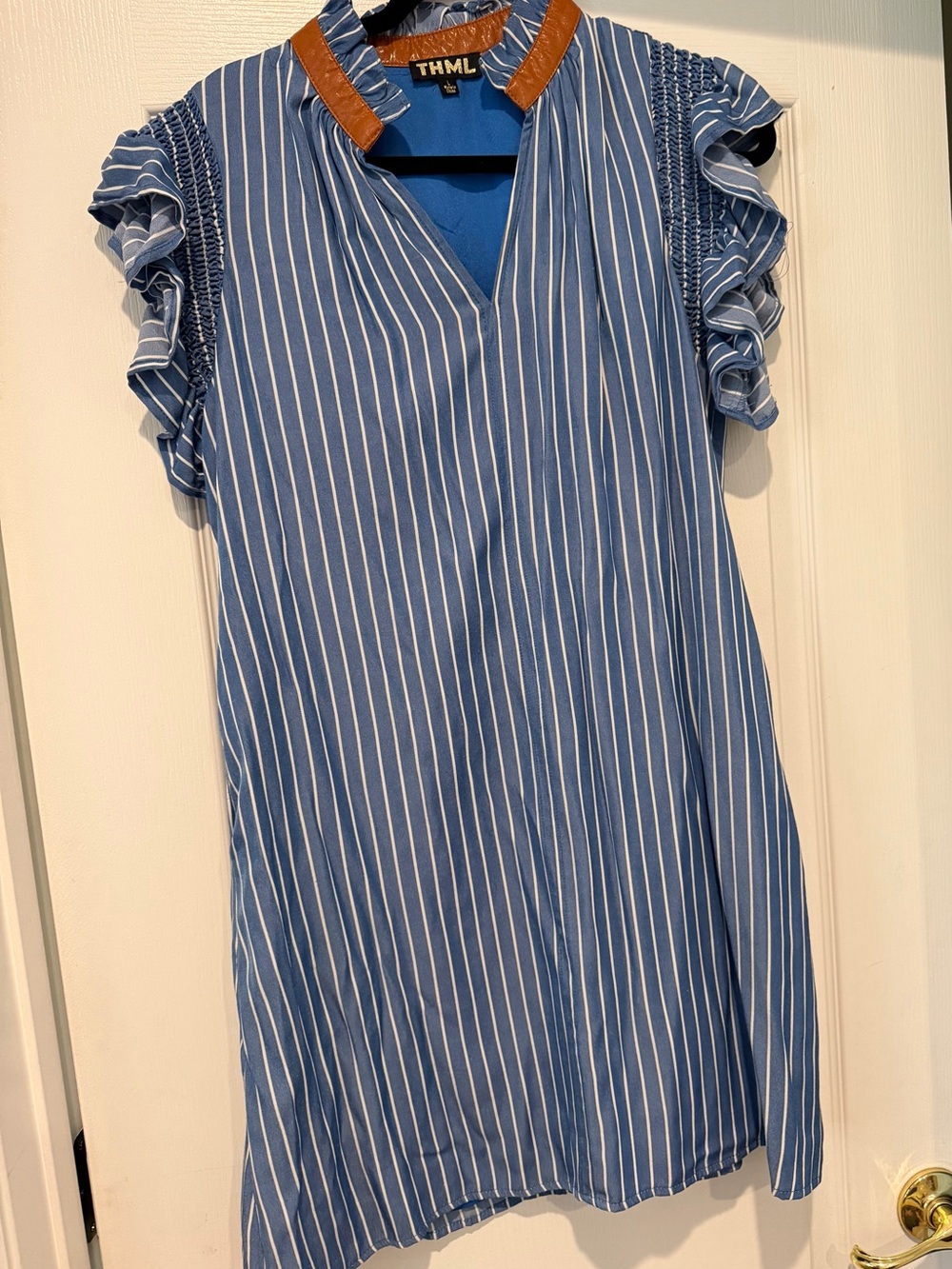 THML Blue Stripe Ruffle Sleeve Shift Dress with faux leather collar - Picture 2 of 4